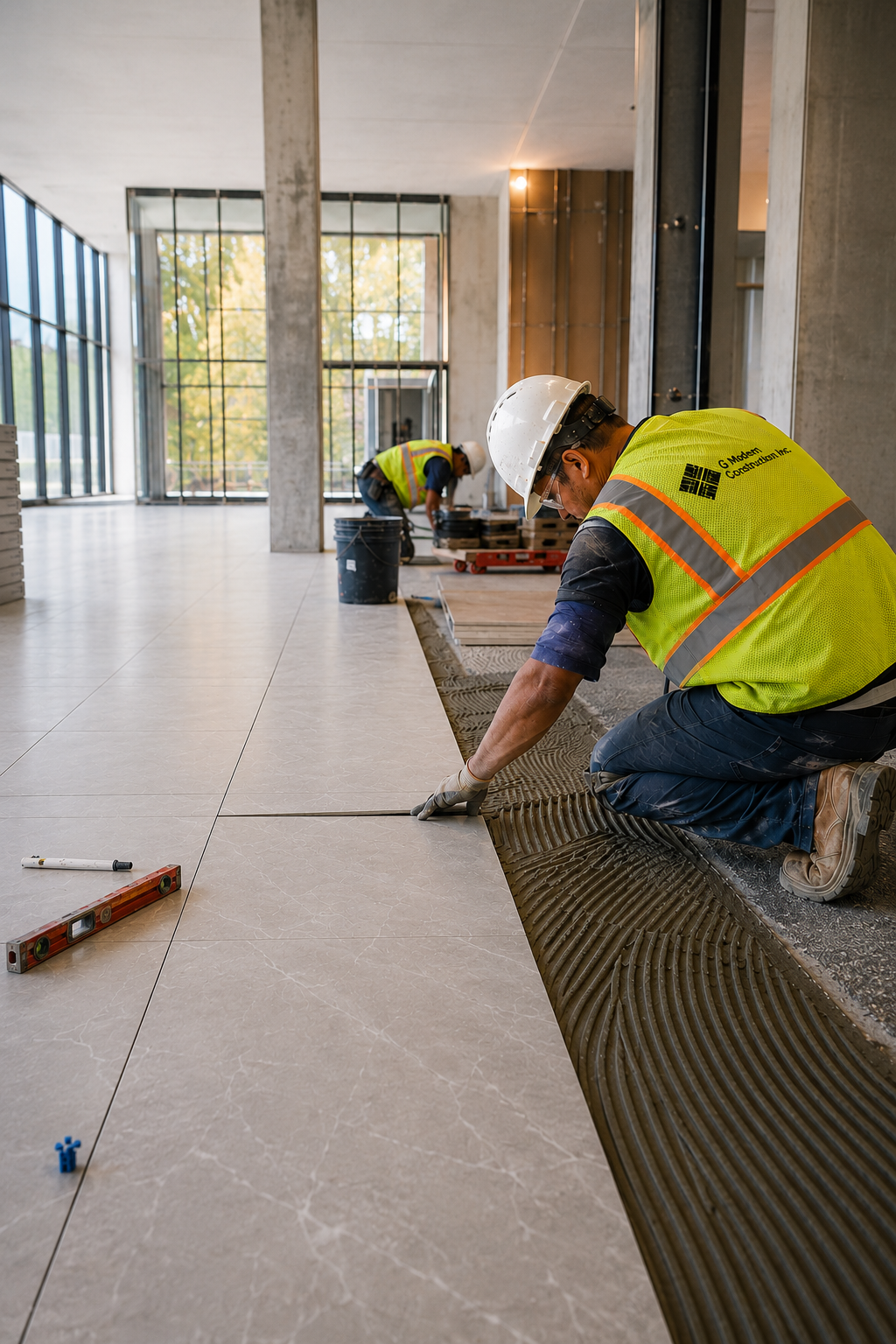 G Modern Construction installer setting tile on a Calgary job site